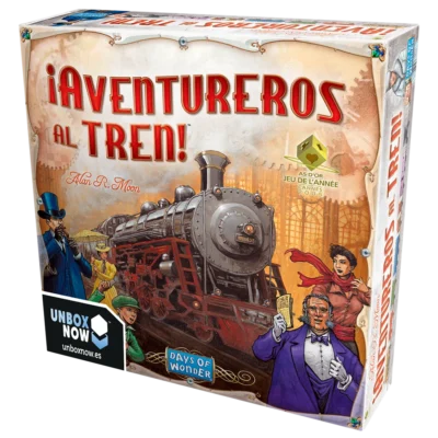 Caja de ¡Aventureros al Tren! de Alan R. Moon (Days of Wonder, 2004). Juego familiar de trenes y rutas ferroviarias para 2-5 jugadores y 30-60 minutos.