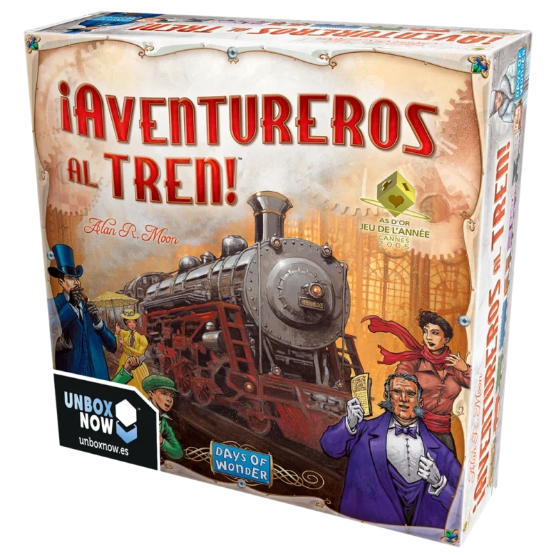 Caja de ¡Aventureros al Tren! de Alan R. Moon (Days of Wonder, 2004). Juego familiar de trenes y rutas ferroviarias para 2-5 jugadores y 30-60 minutos.