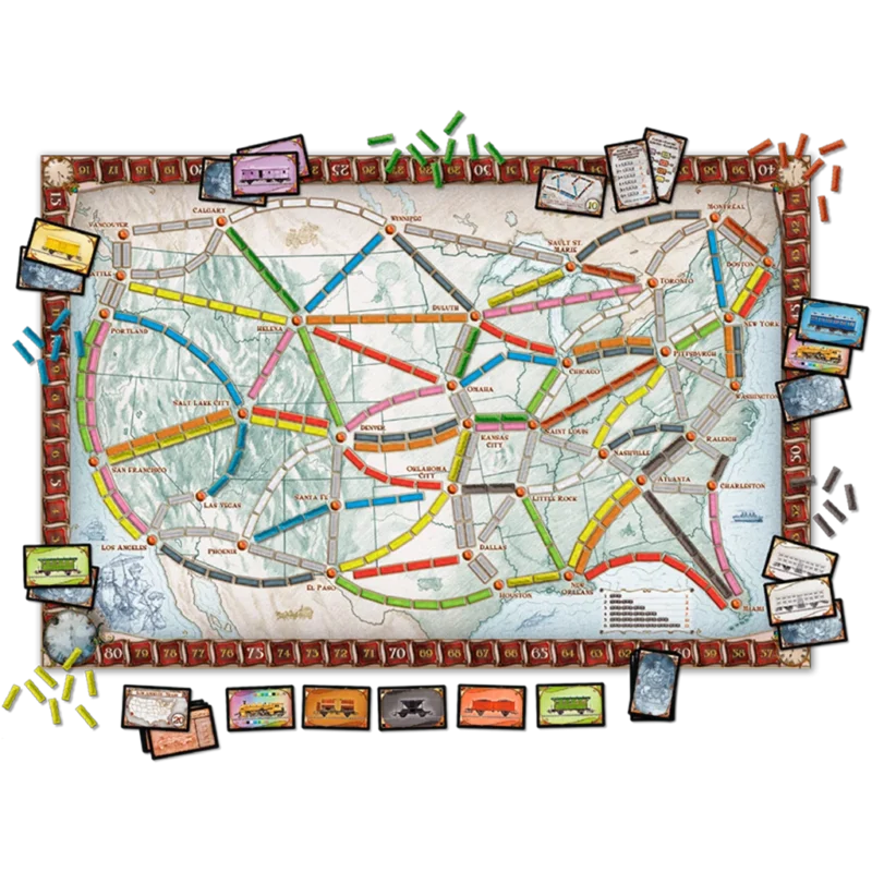 Tablero del juego ¡Aventureros al Tren! con el mapa de Norteamérica, rutas de colores y trenes de los jugadores colocados.