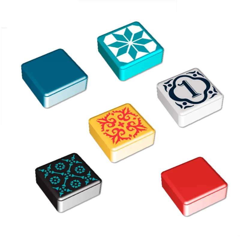 Fichas de colores del juego Azul, representando azulejos portugueses en tonos azul, rojo, amarillo, negro y blanco, con distintos motivos ornamentales.