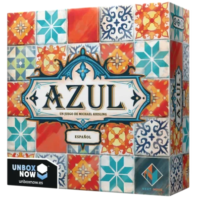 Caja del juego Azul de Michael Kiesling (Next Move, 2017). Juego abstracto de losetas inspirado en los azulejos portugueses, para 2–4 jugadores y 30–45 minutos de duración.