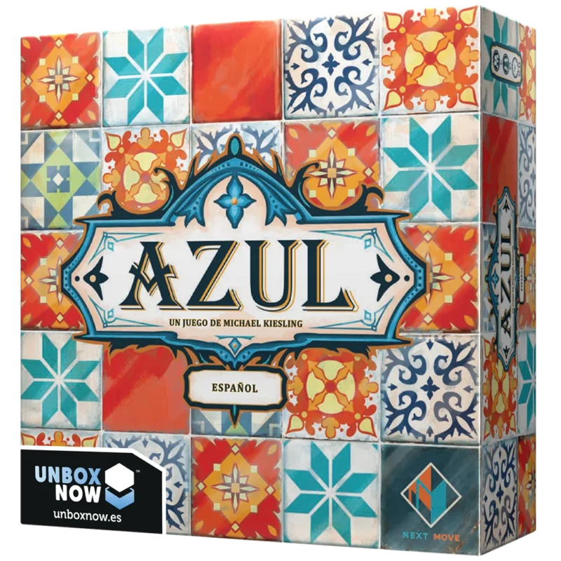 Caja del juego Azul de Michael Kiesling (Next Move, 2017). Juego abstracto de losetas inspirado en los azulejos portugueses, para 2–4 jugadores y 30–45 minutos de duración.