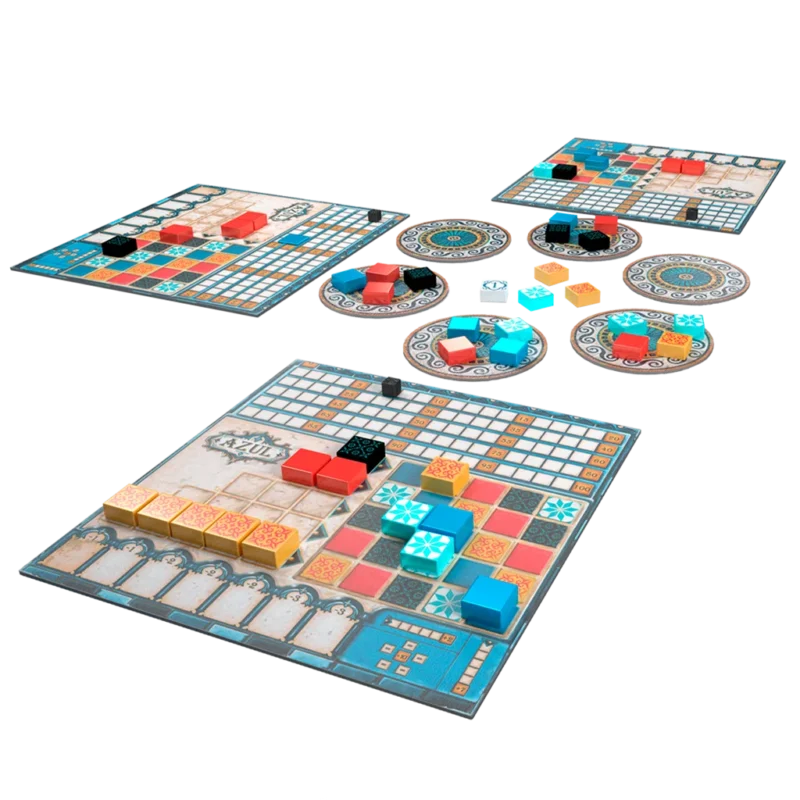 Tablero y componentes del juego Azul listos para una partida de 2 a 4 jugadores. Se aprecian los tableros personales, las fábricas de azulejos y las losetas de colores sobre la mesa.