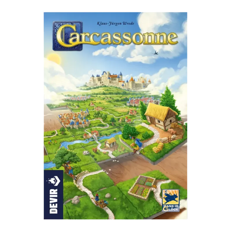Portada completa del juego Carcassonne con ilustración de paisajes y la ciudad amurallada al fondo.