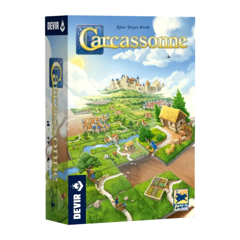 Caja delantera del juego Carcassonne (Devir, 2000). Juego de colocación de losetas y gestión de territorio para 2–5 jugadores y 35 minutos de duración.