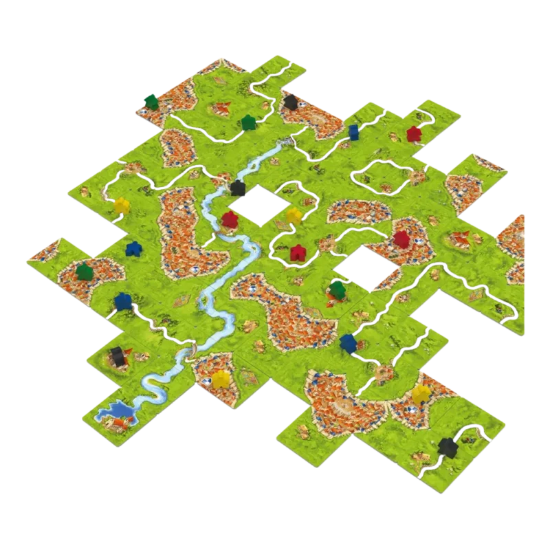 Vista de una partida de Carcassonne con losetas colocadas formando caminos, ciudades y campos con meeples de distintos colores.