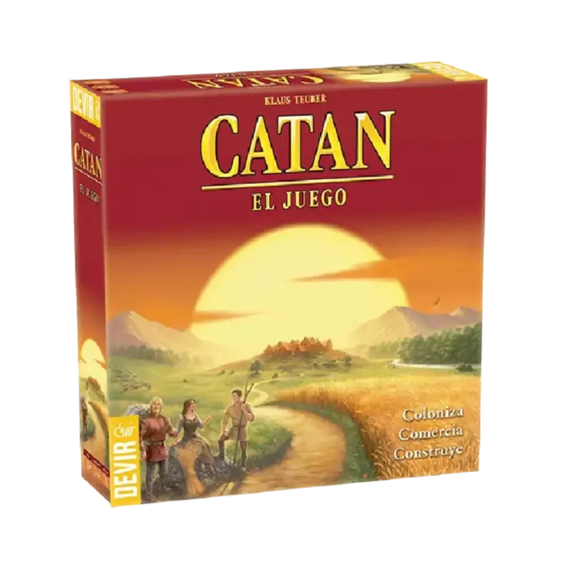 Caja delantera del juego Catán (Devir, 1995). Clásico de Klaus Teuber de exploración y comercio para 3–4 jugadores y 60–75 minutos.