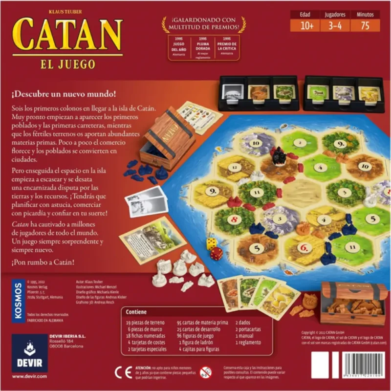 Reverso de la caja del juego Catán mostrando tablero, componentes, cartas y descripción del juego.