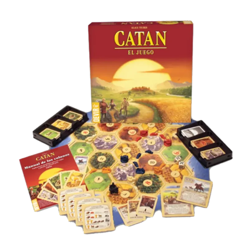 Contenido completo del juego Catán: tablero, cartas de recursos, piezas de caminos y poblados, dados y manual de reglas.