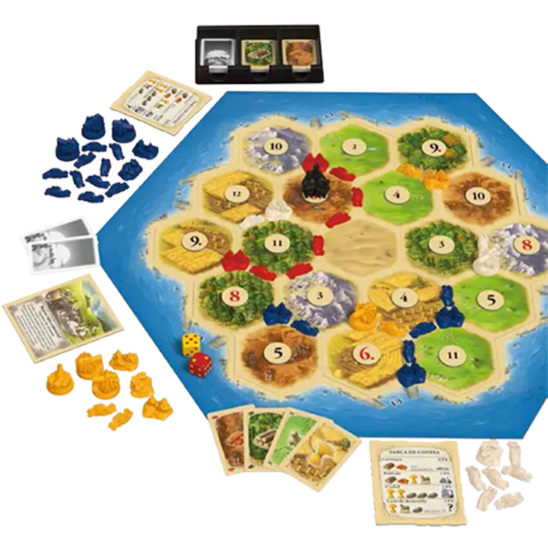 Tablero de Catán montado con losetas hexagonales, carreteras y aldeas de colores, representando una partida en curso.
