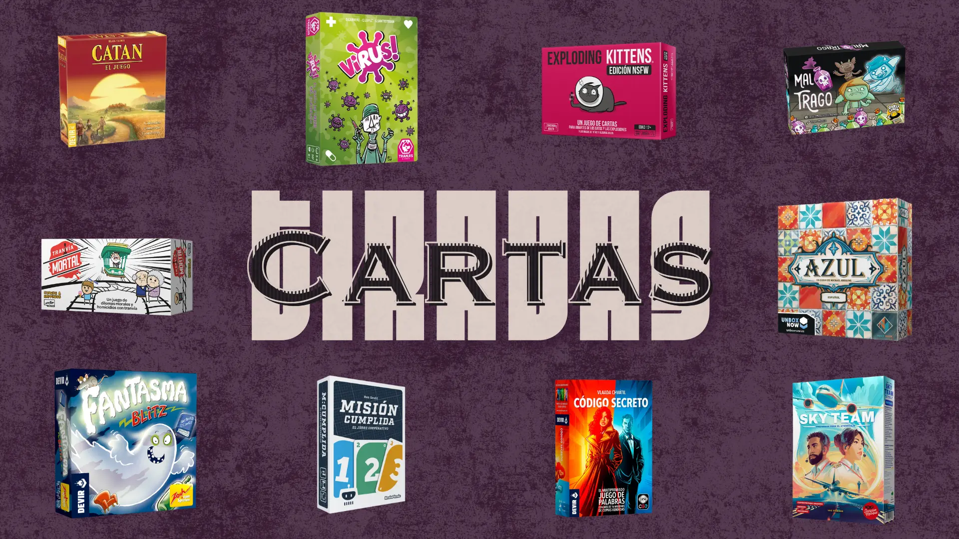 Fotografía de varios juegos de mesa coloridos como Catan, Azul y Exploding Kittens dispuestos en una mesa, representando los favoritos de Cartas y Tiradas.